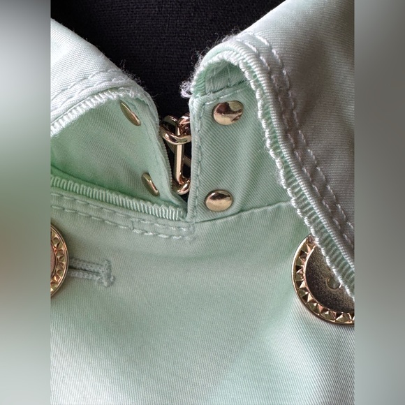White House Black Market mint green ruffle trench jacket size large - Picture 4 of 9